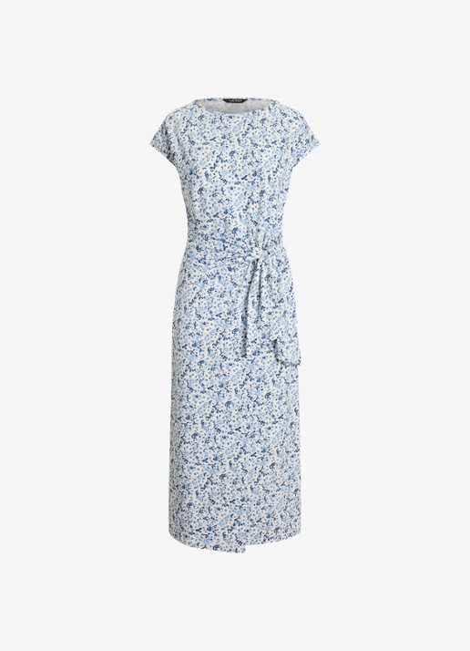 Ralph Lauren Midi jurk met bloemenprint en geknoopt detail - voorkant 4 white/blue / blauw