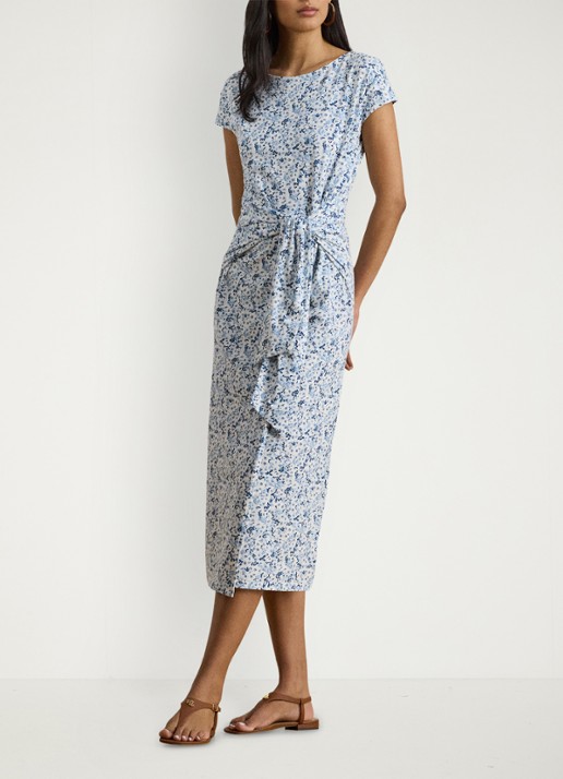 Ralph Lauren Midi jurk met bloemenprint en geknoopt detail - voorkant 5 white/blue / blauw
