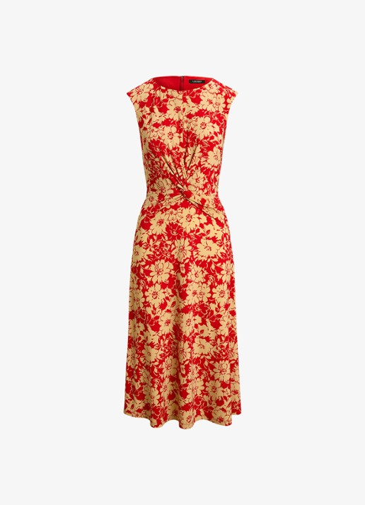 Ralph Lauren Midi jurk met bloemenprint en plooidetail - voorkant 5 red/tan / rood