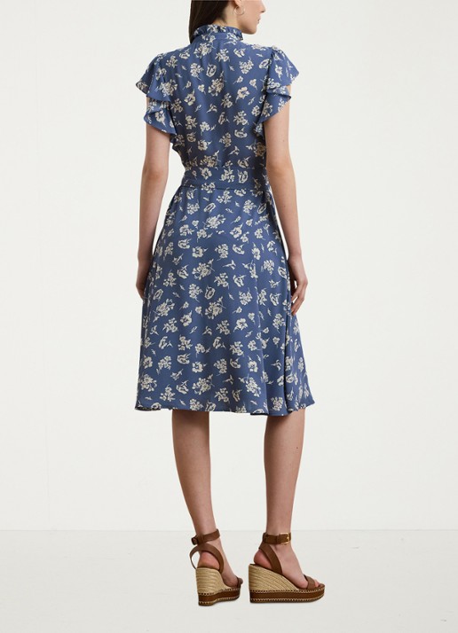Ralph Lauren Midi jurk met bloemenprint en strikceintuur - achterkant blauw