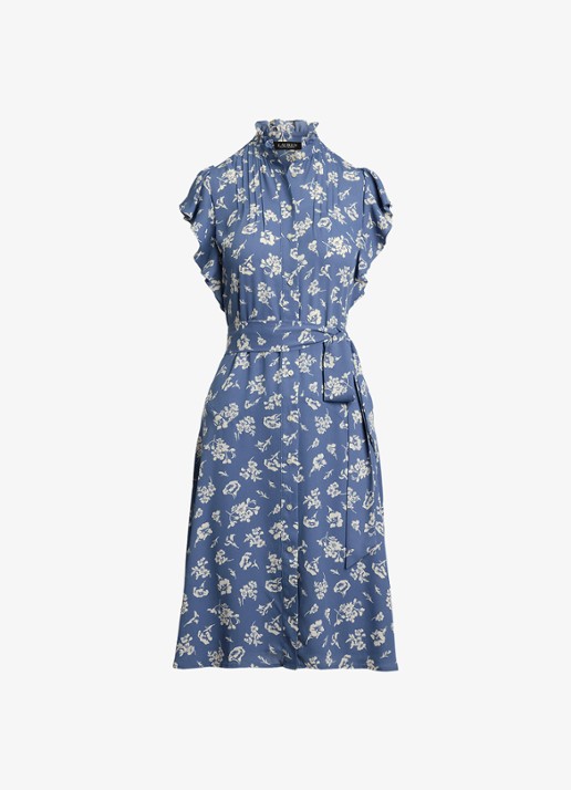 Ralph Lauren Midi jurk met bloemenprint en strikceintuur - voorkant 4 blauw