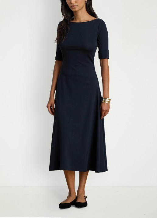 Ralph Lauren Midi jurk met boothals - voorkant 4 lighthouse navy / donkerblauw