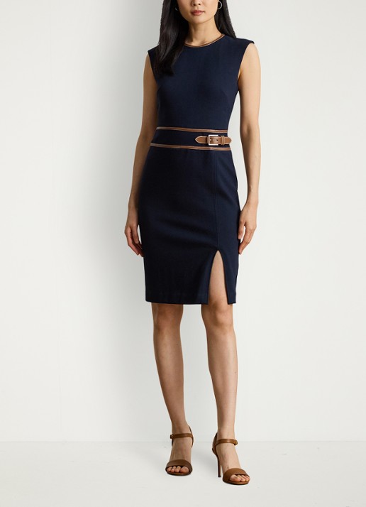 Ralph Lauren Midi jurk met gespdetail - voorkant 3 lauren navy / donkerblauw