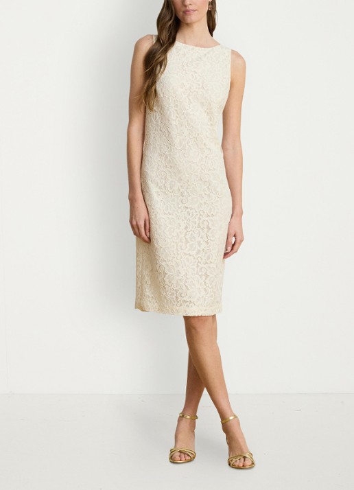 Ralph Lauren Midi jurk met kant en split - voorkant 5 mascarpone crème / crème