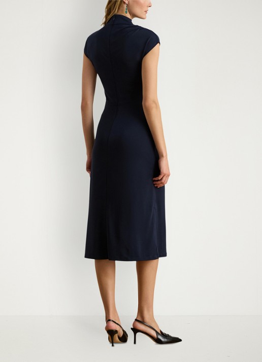 Ralph Lauren Midi jurk met opstaande kraag en plooidetail - achterkant donkerblauw