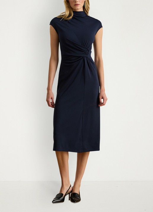 Ralph Lauren Midi jurk met opstaande kraag en plooidetail