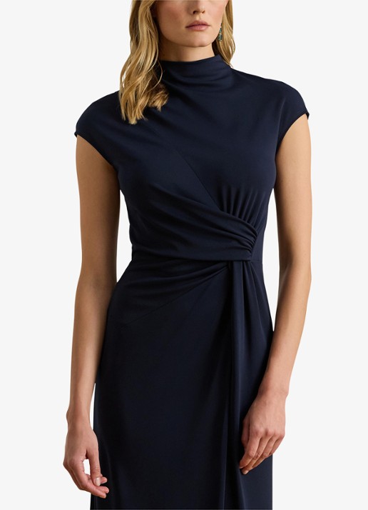 Ralph Lauren Midi jurk met opstaande kraag en plooidetail - detail 4 donkerblauw