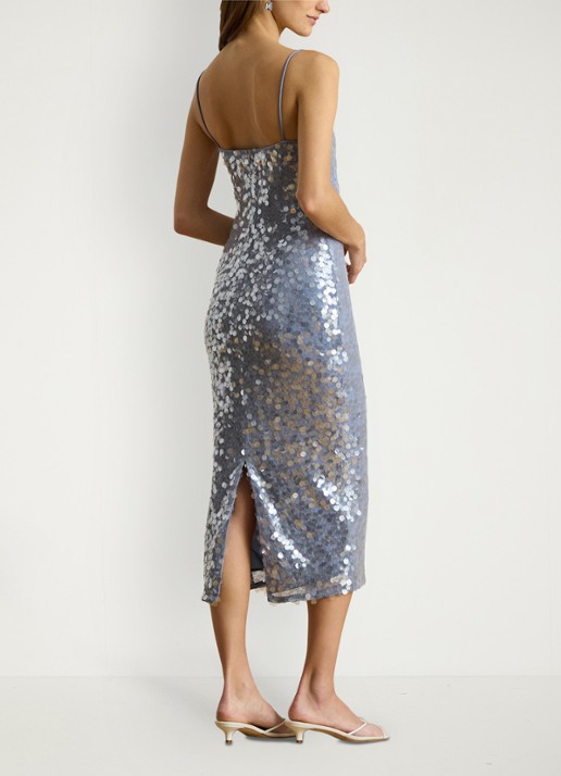 Ralph Lauren Midi jurk met pailletten en split - achterkant 3 blue multi / blauw