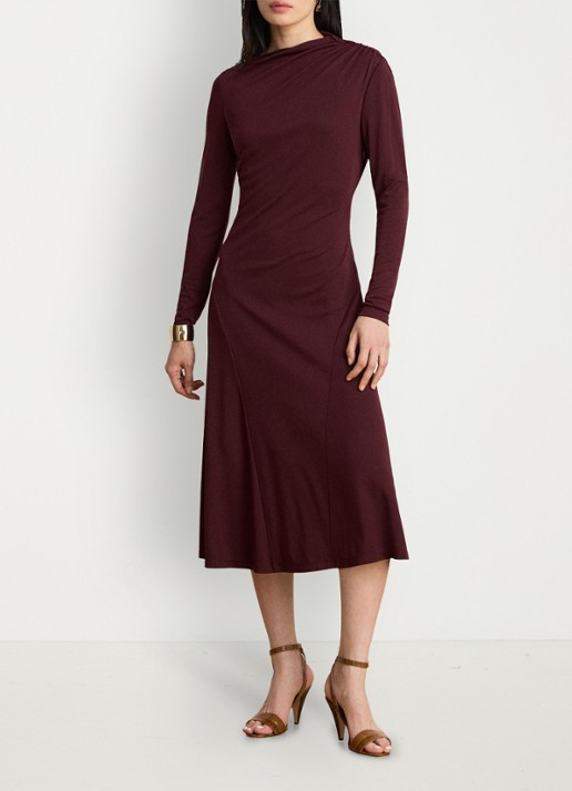 Ralph Lauren Midi jurk met plooidetail - voorkant 5 dark garnet / bordeauxrood