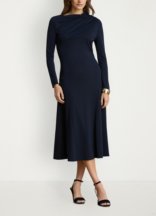 Ralph Lauren Midi jurk met plooidetail - voorkant 5 lauren navy / blauw