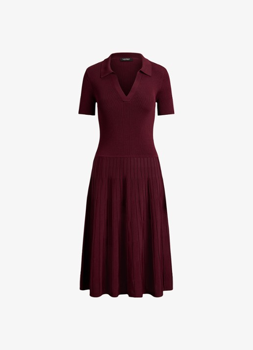 Ralph Lauren Midi jurk met ribstructuur - voorkant 4 dark garnet / bordeauxrood