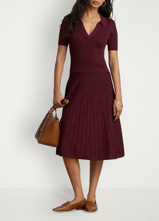 Ralph Lauren Midi jurk met ribstructuur - voorkant 5 dark garnet / bordeauxrood