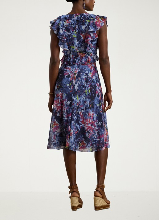 Ralph Lauren Midi jurk met ruches en print - achterkant blue multi / blauw