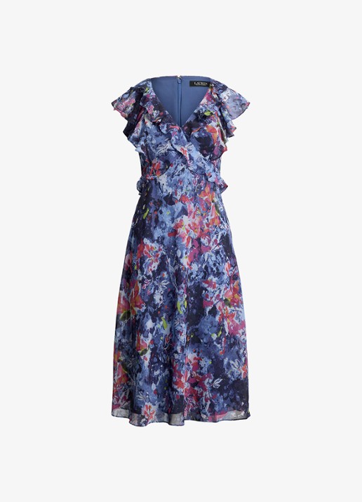 Ralph Lauren Midi jurk met ruches en print - voorkant 4 blue multi / blauw