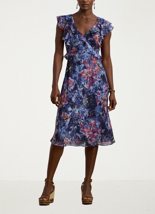 Ralph Lauren Midi jurk met ruches en print - voorkant 5 blue multi / blauw