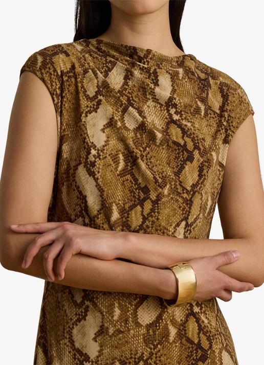 Ralph Lauren Midi jurk met slangenprint en split - detail 3 tan multi / beige