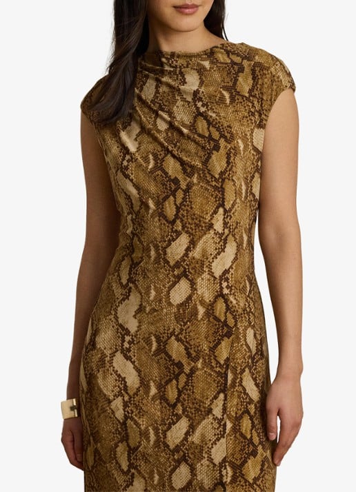 Ralph Lauren Midi jurk met slangenprint en split - detail 4 tan multi / beige