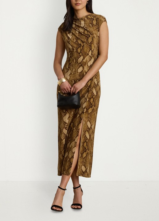 Ralph Lauren Midi jurk met slangenprint en split - voorkant 2 tan multi / beige