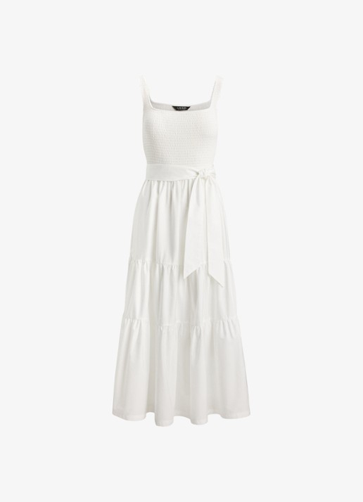 Ralph Lauren Midi jurk met smockwerk en strikceintuur