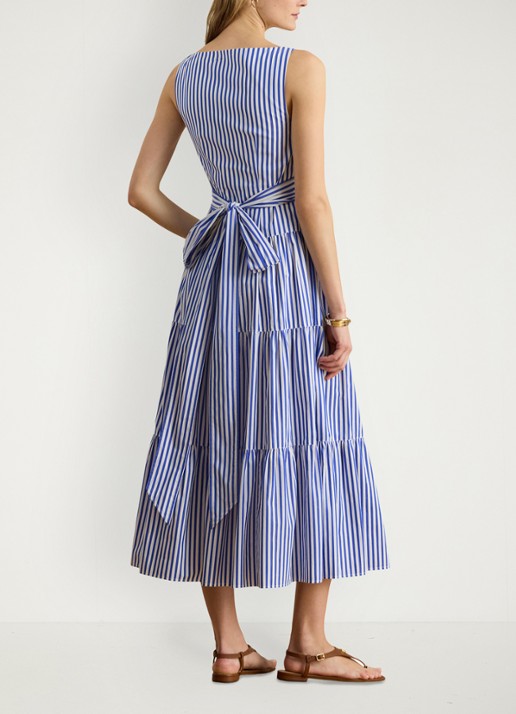 Ralph Lauren Midi jurk met streepprint en strikceintuur - achterkant 3 blue / blauw