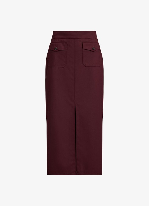 Ralph Lauren Midi kokerrok in wolblend met opstikzakken - voorkant dark garnet / bordeauxrood