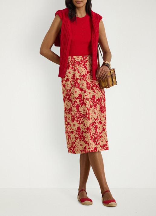 Ralph Lauren Midi rok met bloemenprint - voorkant 2 red tan / rood