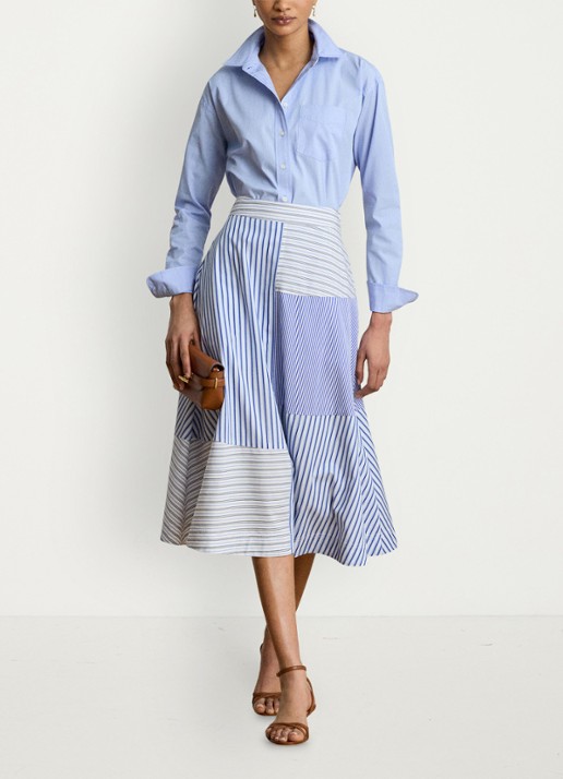 Ralph Lauren Midi rok met streepprint - voorkant 5 blue white multi / blauw