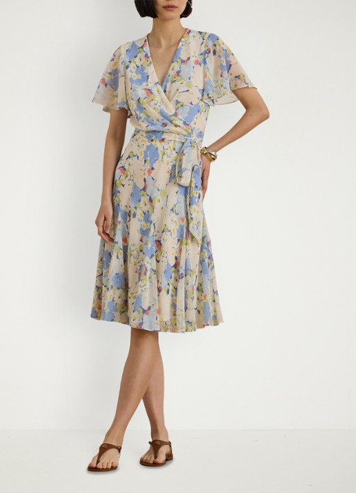 Ralph Lauren Midi wikkeljurk met bloemenprint - voorkant 2 blue multi / blauw