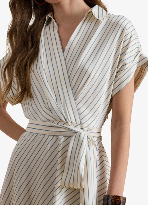 Ralph Lauren Midi wikkeljurk met streepprint - detail cream blue / creme