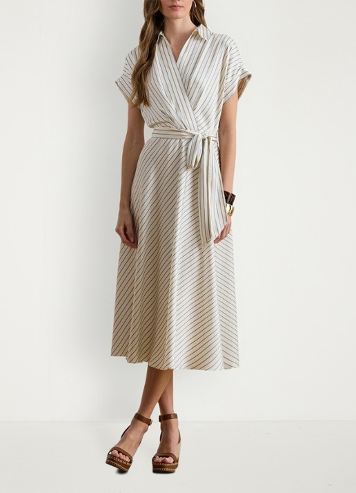 Ralph Lauren Midi wikkeljurk met streepprint - voorkant 5 cream blue / creme