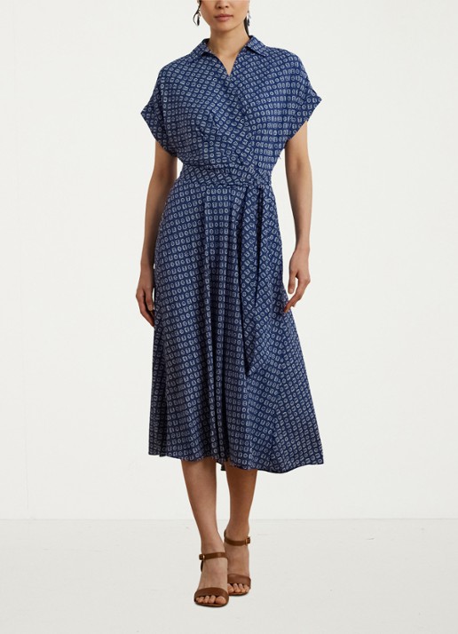 Ralph Lauren Midi wikkeljurk met strikceintuur en print - voorkant 3 blauw
