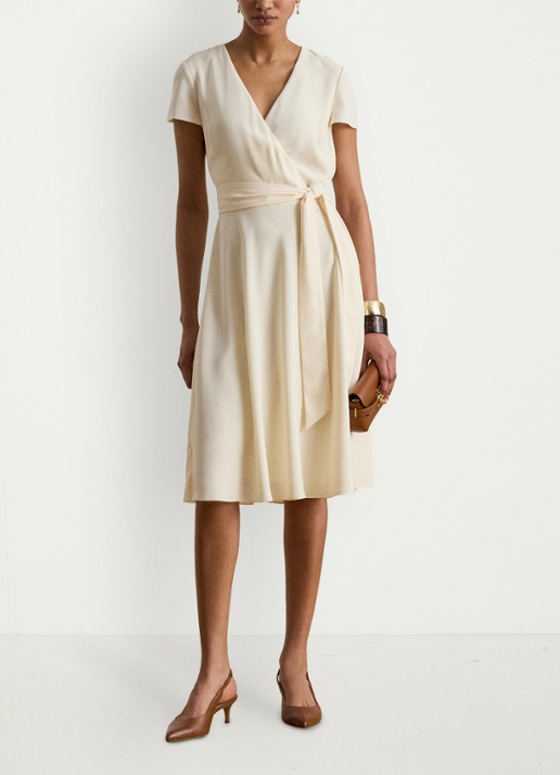 Ralph Lauren Midi wikkeljurk met strikceintuur - voorkant 5 creme