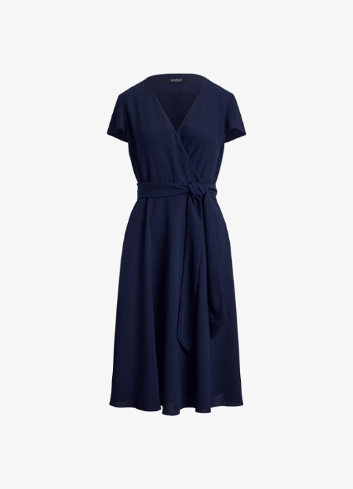 Ralph Lauren Midi wikkeljurk met strikceintuur - voorkant 2 donkerblauw