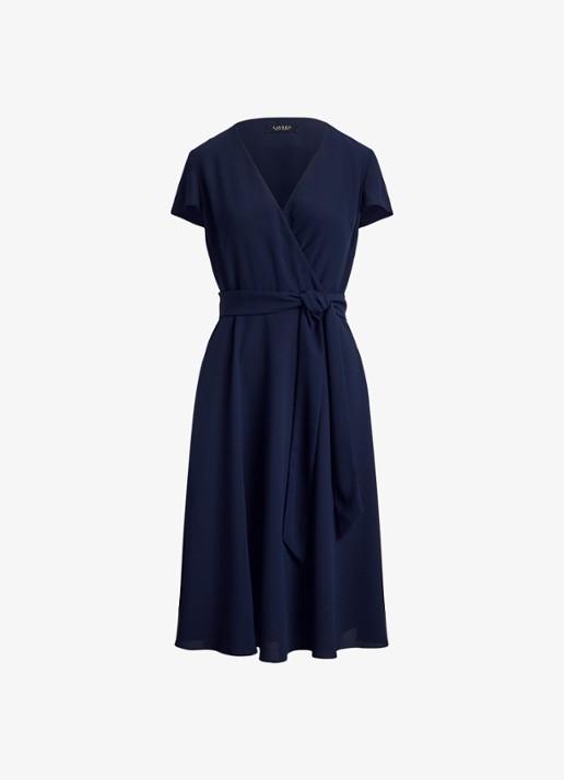 Ralph Lauren Midi wikkeljurk met strikceintuur - voorkant 5 donkerblauw
