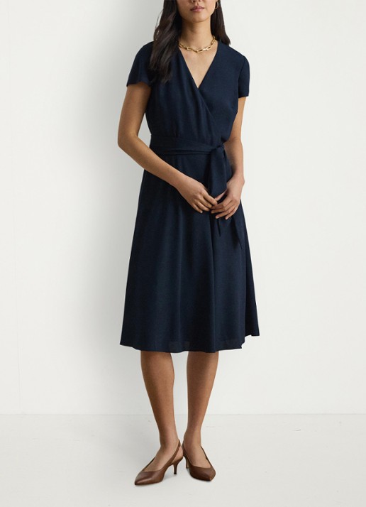 Ralph Lauren Midi wikkeljurk met strikceintuur - voorkant 6 donkerblauw