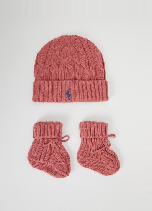 Ralph Lauren Muts en slofjes cadeauset van katoen  - voorkant 2 roze