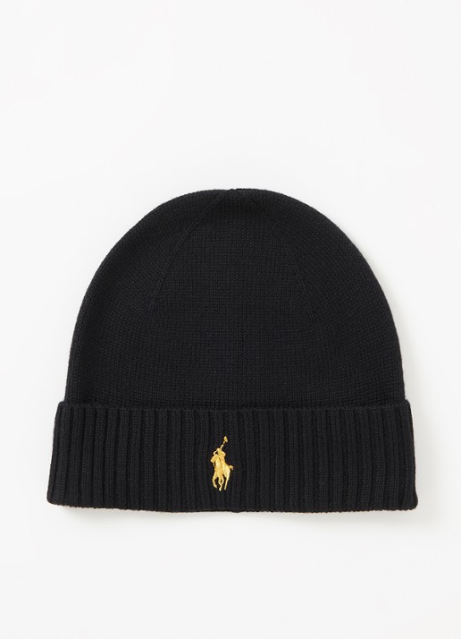 Ralph Lauren Muts van wol met logoborduring - voorkant zwart
