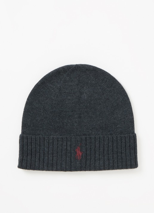 Ralph Lauren Muts van wol met logoborduring - voorkant antraciet