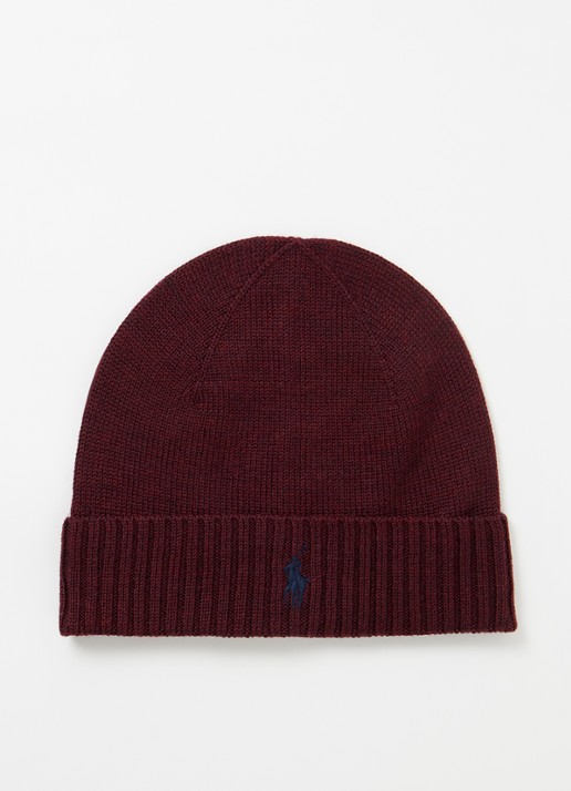 Ralph Lauren Muts van wol met logoborduring - voorkant bordeauxrood