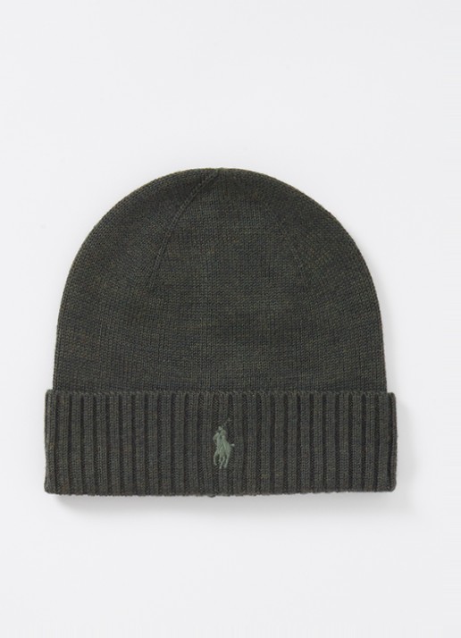 Ralph Lauren Muts van wol met logoborduring - voorkant legergroen