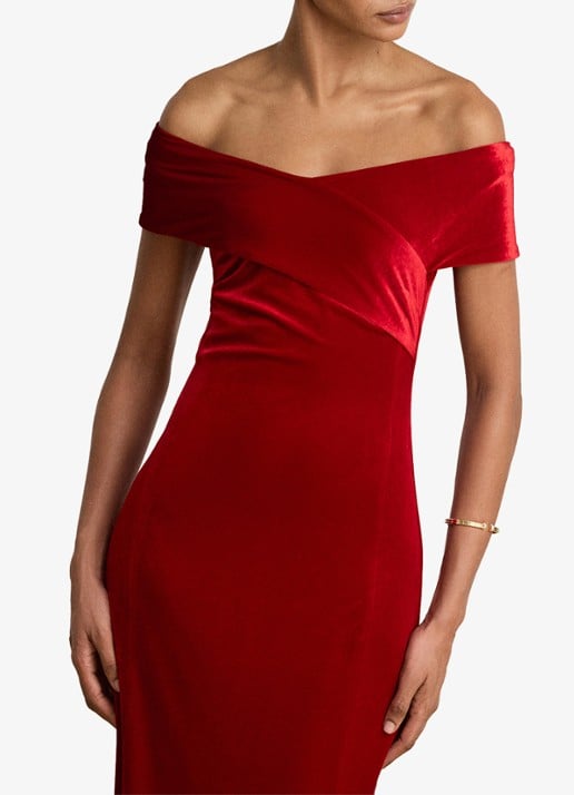 Ralph Lauren Off shoulder maxi jurk van fluweel met split