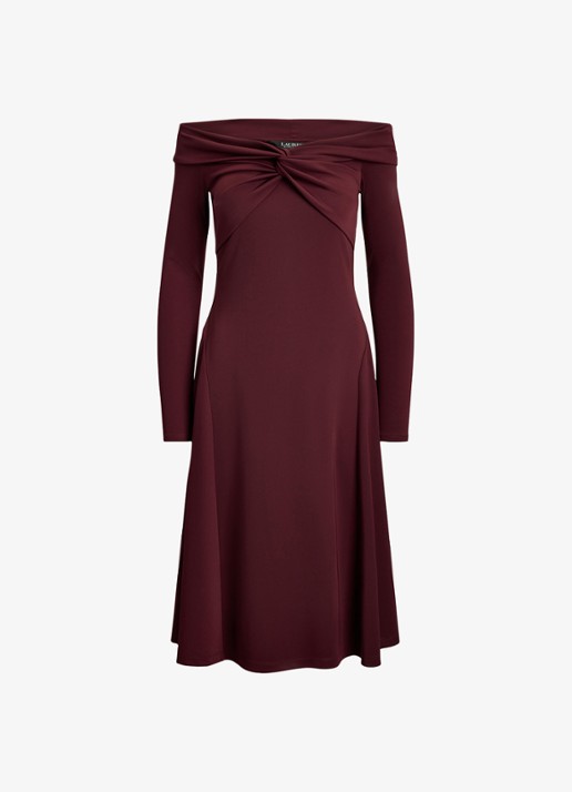 Ralph Lauren Off shoulder midi jurk met plooidetails - voorkant 4 dark garnet / bordeauxrood
