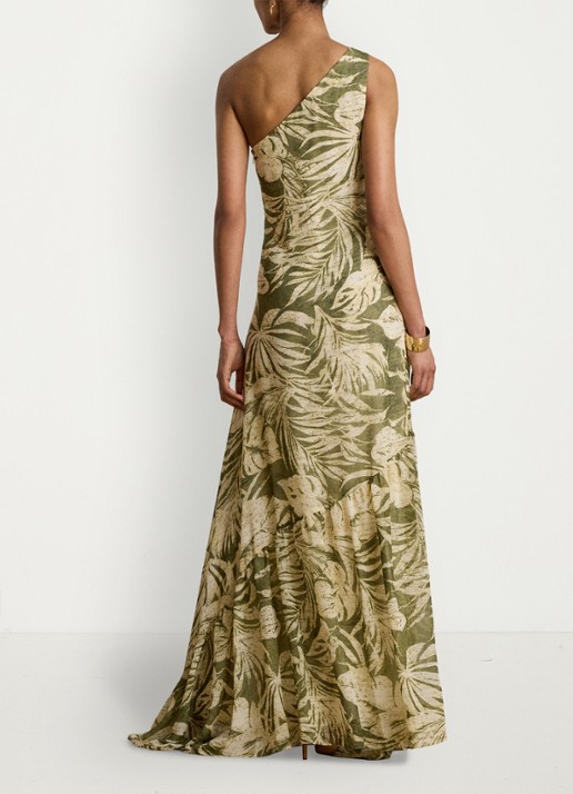 Ralph Lauren One shoulder maxi jurk met bladprint - achterkant 5 olive multi / groen