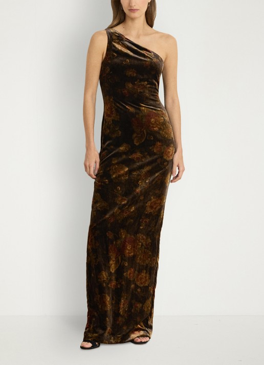 Ralph Lauren One shoulder maxi jurk met bloemenprint - voorkant 5 brown multi / bruin