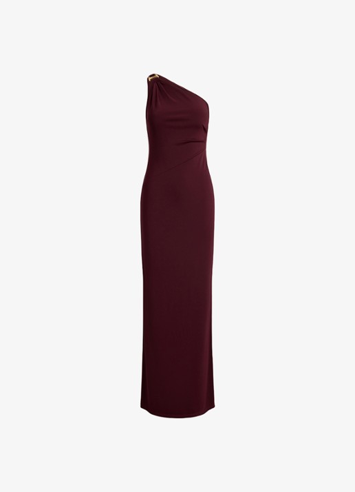 Ralph Lauren One shoulder maxi jurk met gespdetail - voorkant 4 dark garnet / bordeauxrood