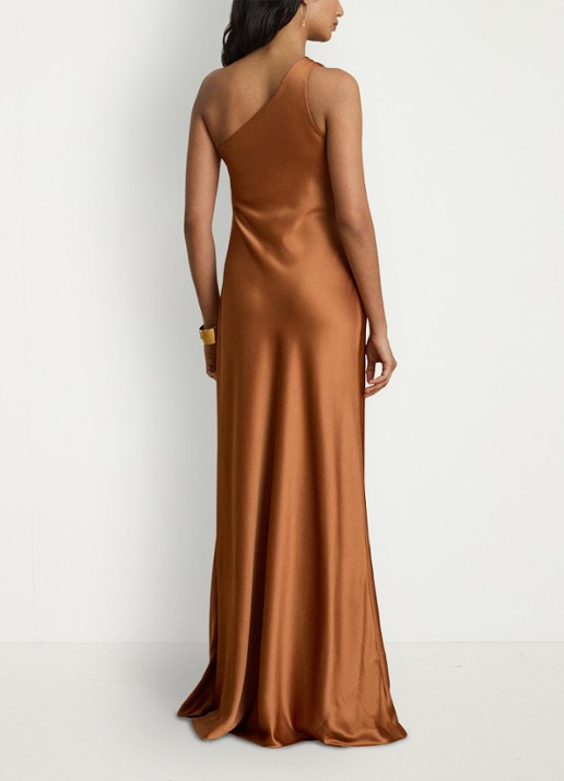 Ralph Lauren One shoulder maxi jurk van satijn - achterkant 5 red terracotta / rood