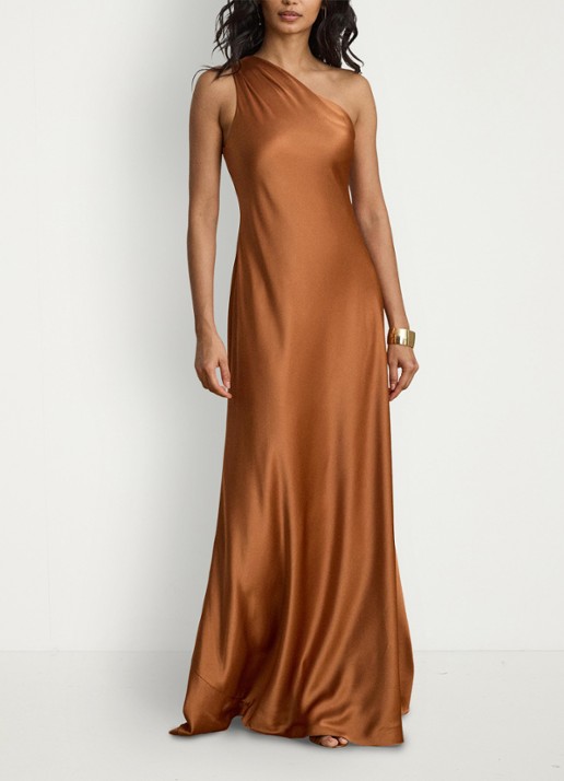 Ralph Lauren One shoulder maxi jurk van satijn - voorkant 2 red terracotta / rood