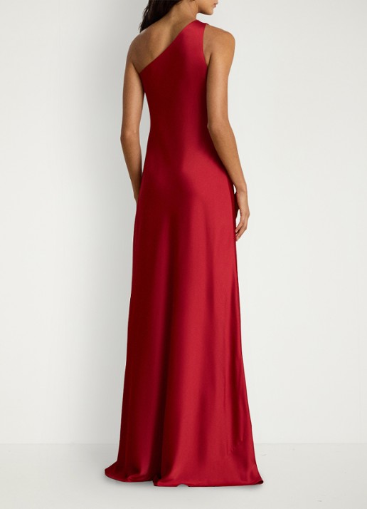 Ralph Lauren One shoulder maxi jurk van satijn - achterkant ralph red / rood