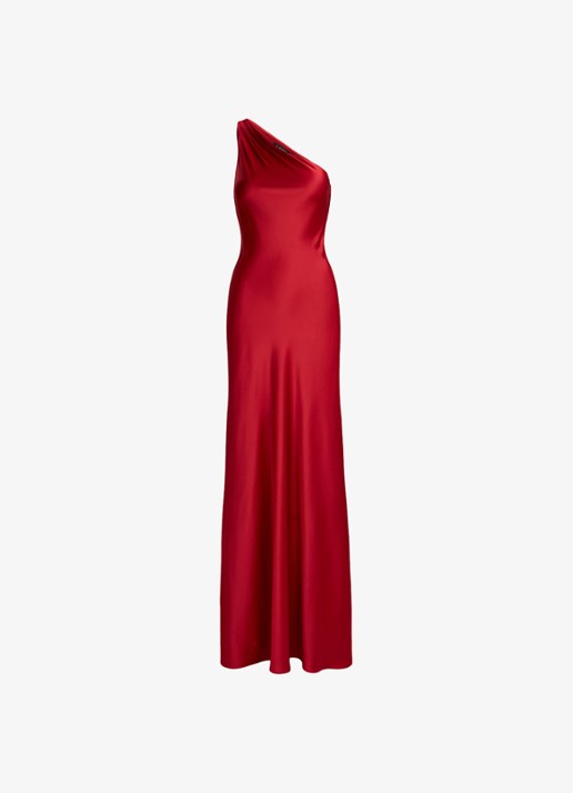 Ralph Lauren One shoulder maxi jurk van satijn - voorkant 2 ralph red / rood
