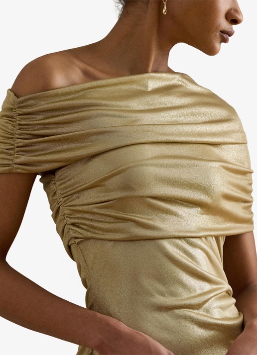 Ralph Lauren One shoulder midi jurk met metallic finish - detail birch tan/gold foil / beige